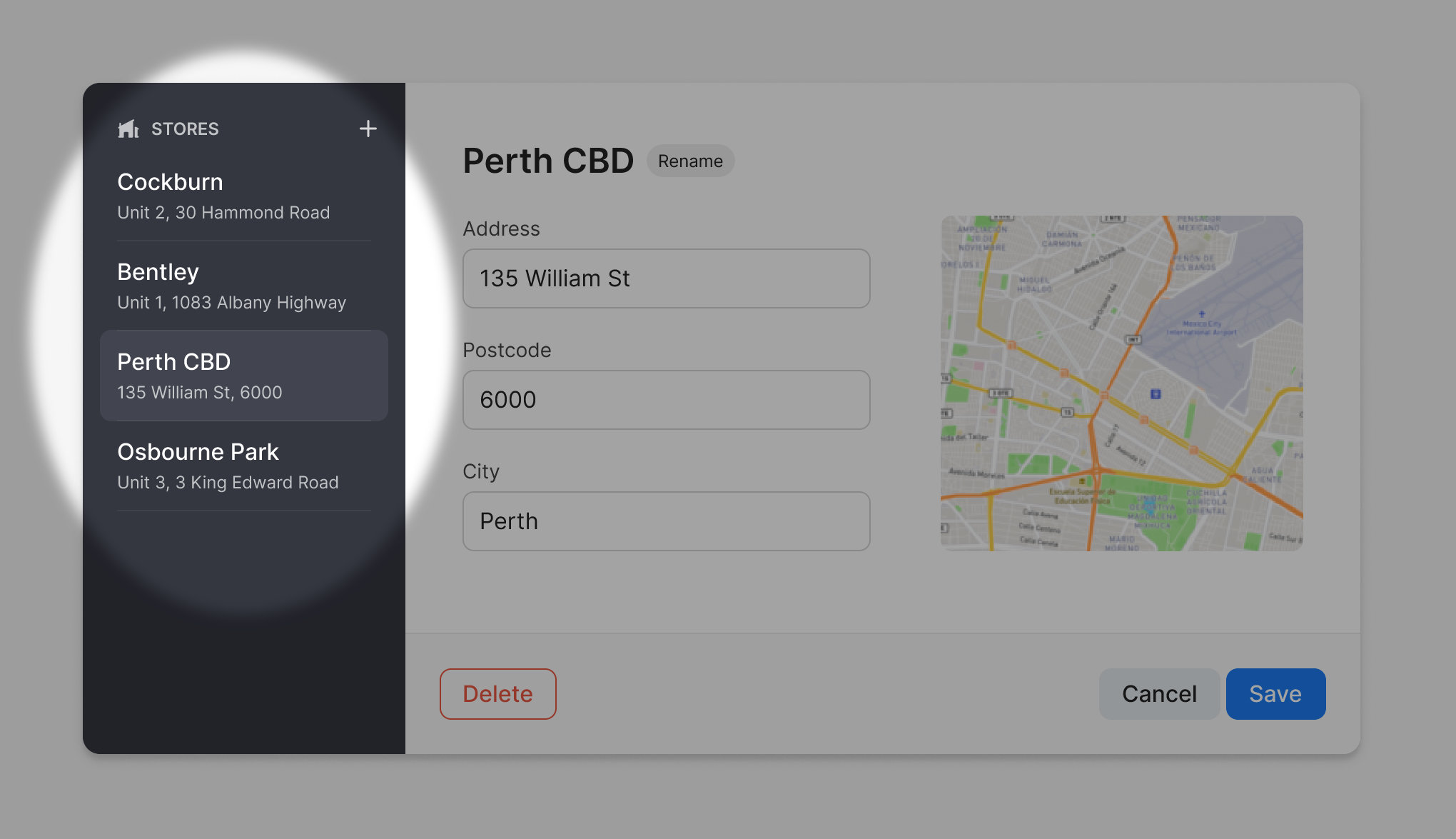 select stores from sidebar of the user interface